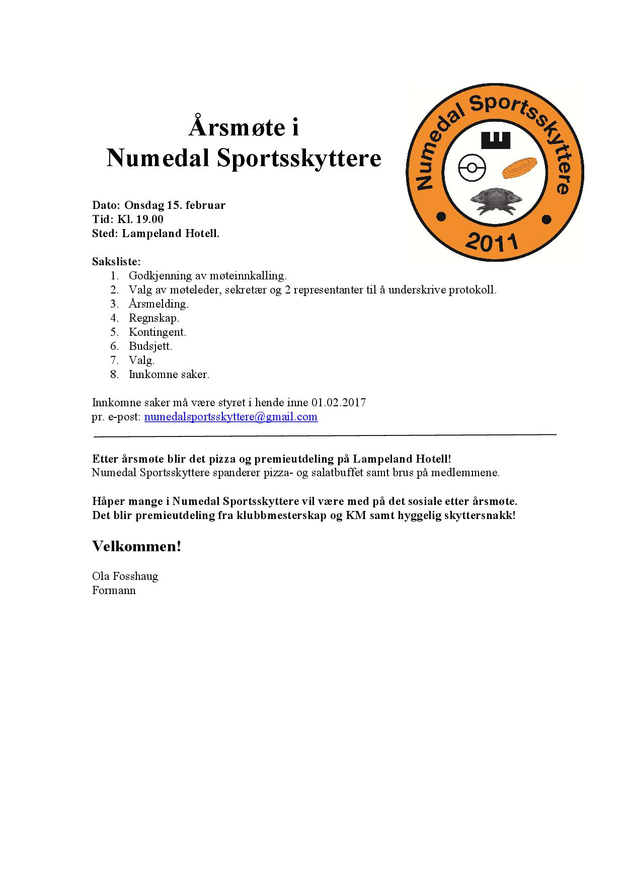 årsmøte Numedal Sportsskyttere 2017 innkalling
